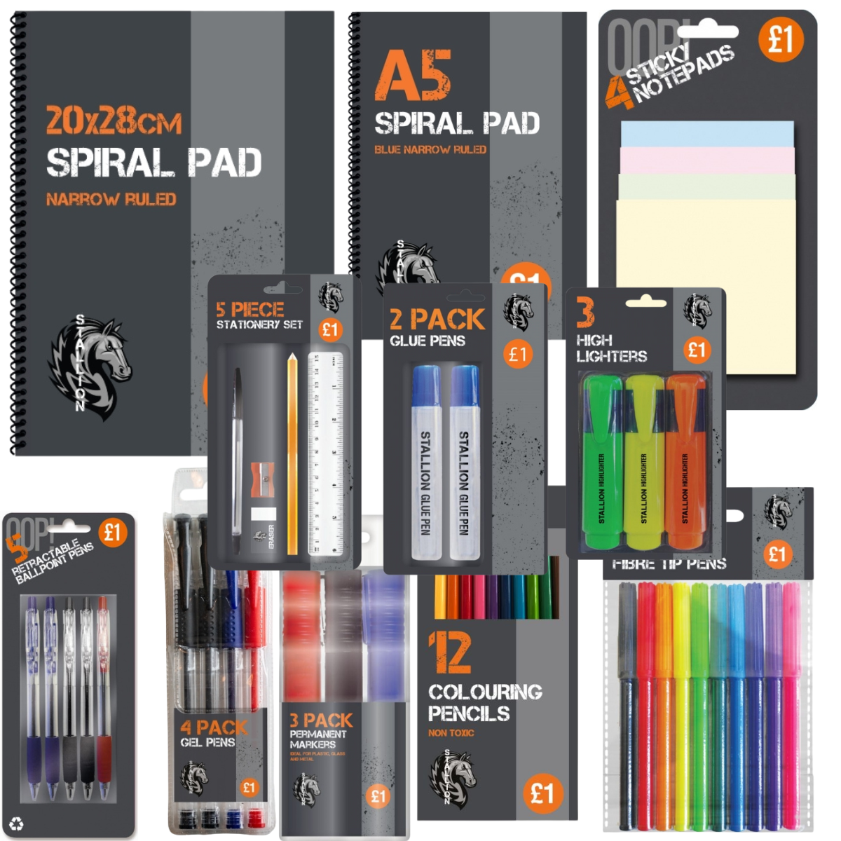 Stallion and OOP Large Stationery Bundle - *Updated* 11 items plus a clear zipped wallet -   Back to School or Home or Office stationary